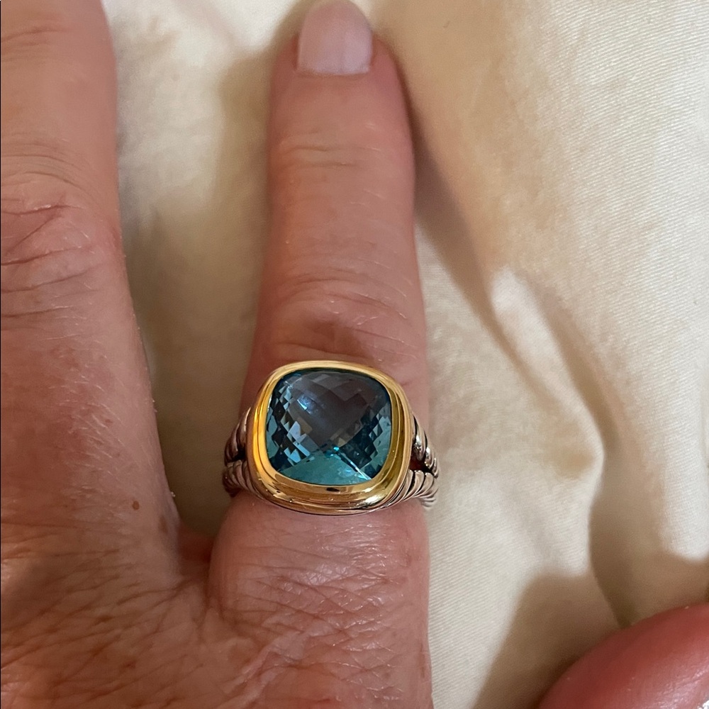 David Yurman Blue Topaz Cushion Ring with Gold Bezel
